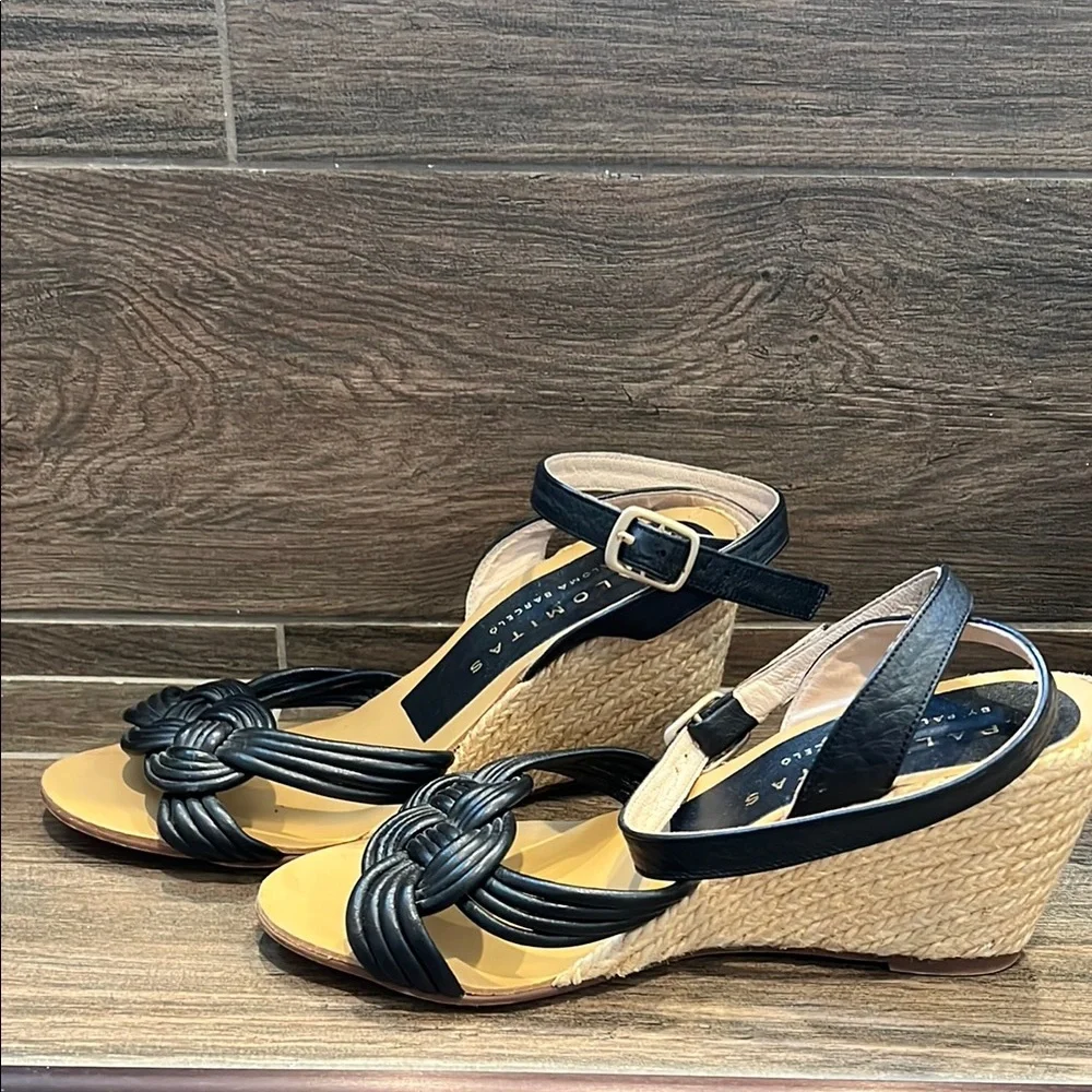 Palomitas Brand Leather Black Wedge Espadrilles with Ankle Strap